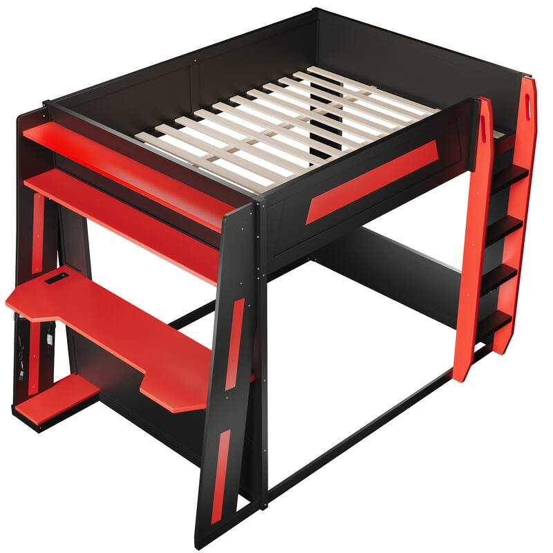 Gaming Bunk Bed with Computer Desk, Storage Shelves, USB Port and LED Strip Lighting, Esports Design, Wooden Gaming Bed