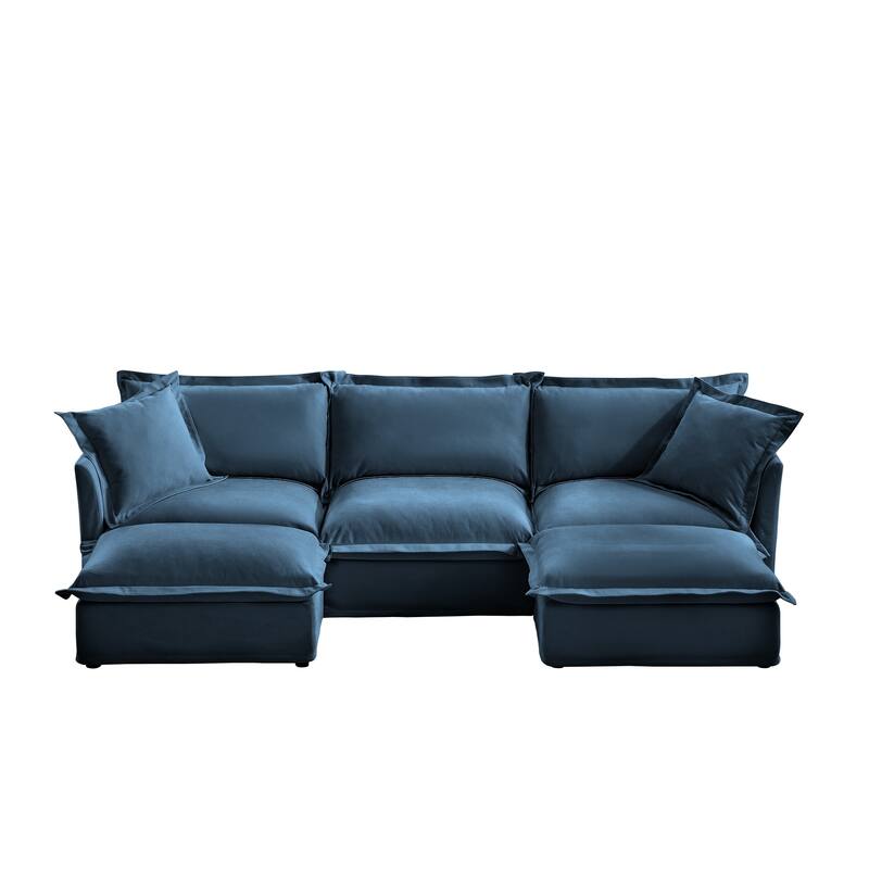 Modern 3 Seater Upholstered Sofa with 2 Ottomans and 2 Pillows