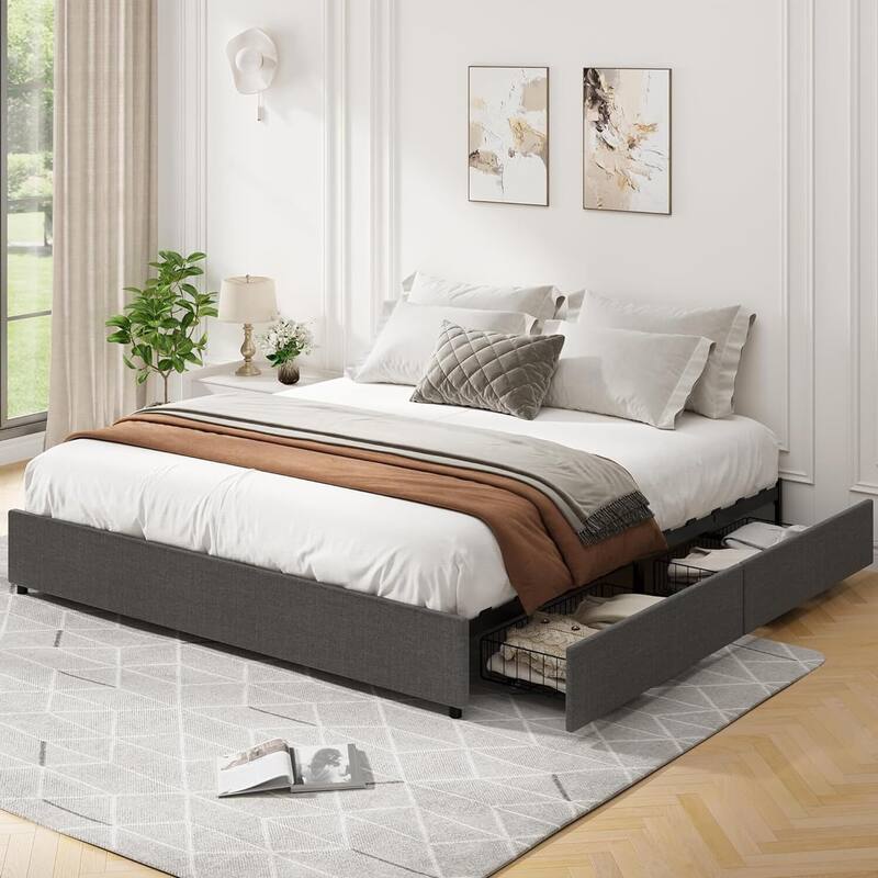 Platform Bed Frame, Fabric Upholstered with 4 Storage Drawers