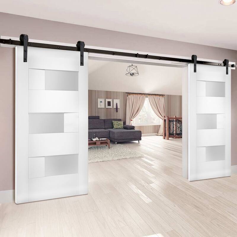 Modern Double Barn Door with Opaque Glass / Sete 6933 White Silk / 13FT Rail Track Set / Solid Panel Interior Doors