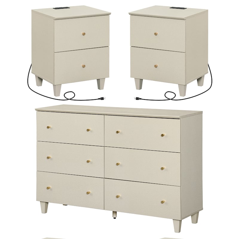WAMPAT 6-Drawer Dresser and Nightstands Set of 3 for Bedroom - Beige - 3 Piece
