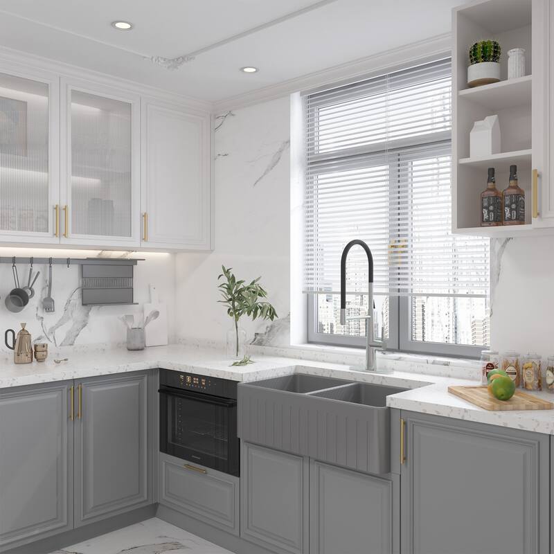 All-in-One Fireclay Striped Design Reversible Installation Double Bowl Farmhouse/Apron-Front Kitchen Sink with Kitchen Faucet