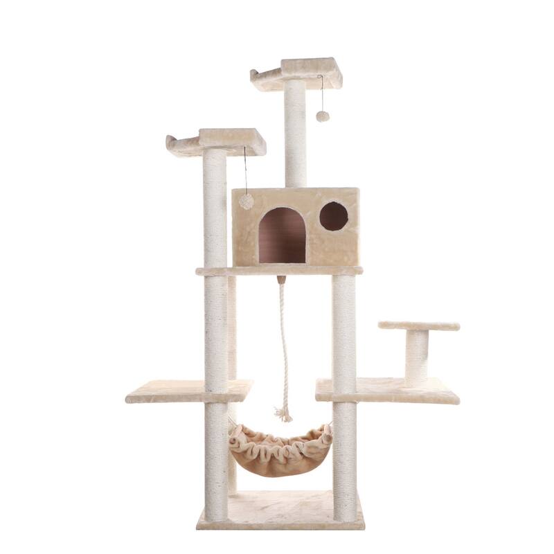 72" Beige Real Wood Cat Tree With Spacious Condo, Scratching Post