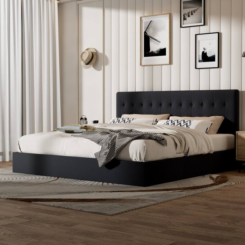 Plywood Frame Upholstered Platform Bed with Lift-up Storage - Black - King
