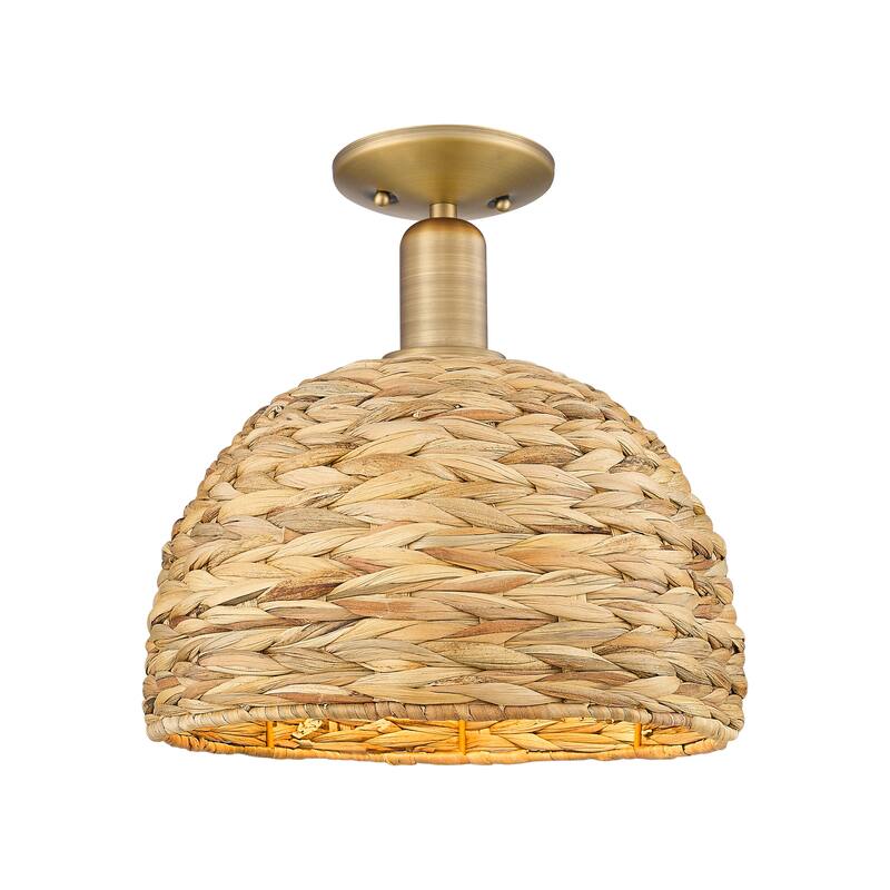 Innovations Lighting Endless Possibilities Arcadia - Woven Rattan - 1 Light 12" Semi-Flush Mount - Brushed Brass/Natural