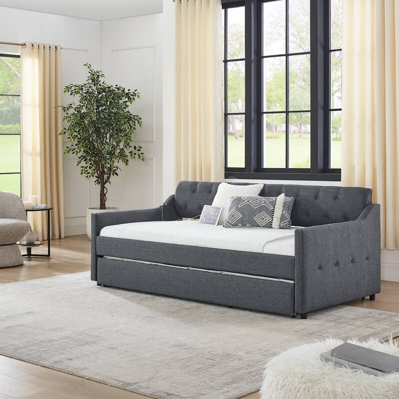 Twin Size Upholstery Daybed with Twin Size Erectable Trundle and USB Charging Design