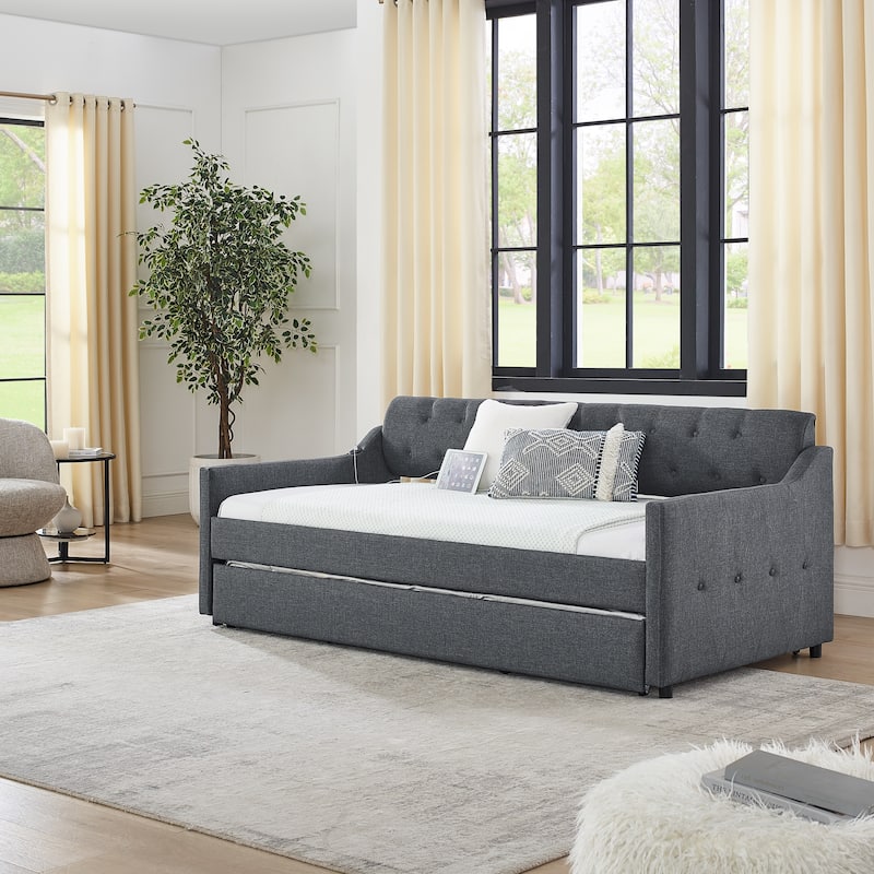 Upholstery Daybed with Twin Size Erectable Trundle and USB Charging Design