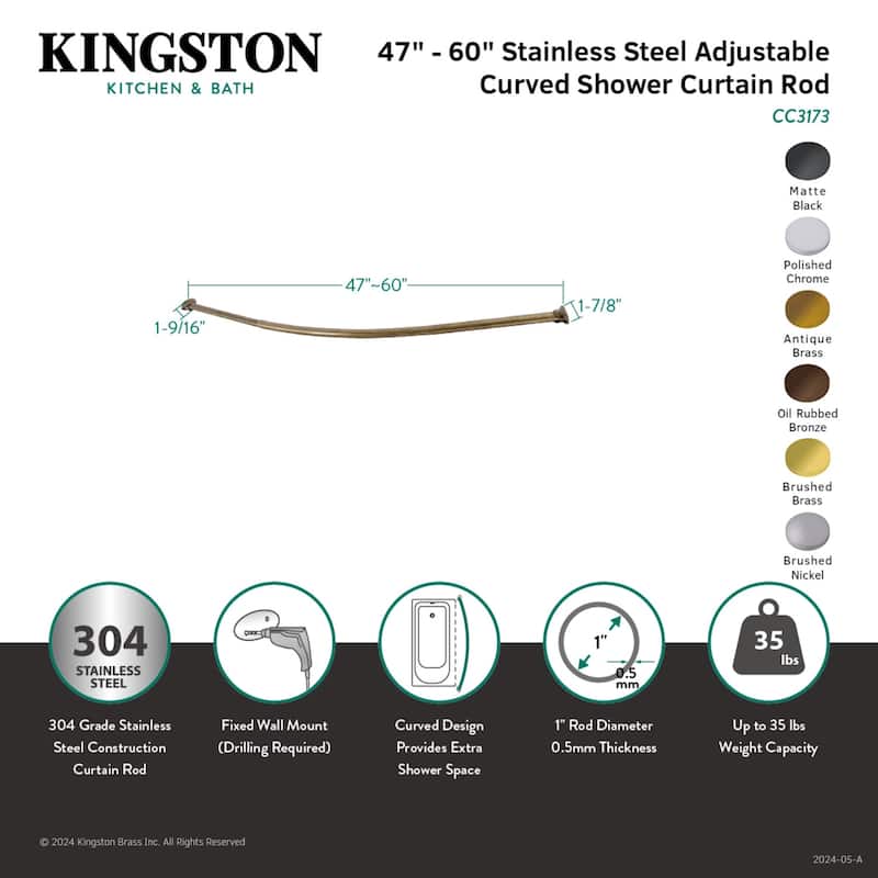 Kingston Brass Brushed Nickel Hotel Space Plus Curved Shower Rod - Grey