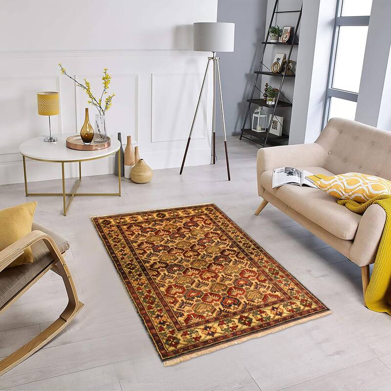 Caucasian Super Kazak Kairo Gold/Blue Hand Knotted Wool Rug - 4'3'' x 5'6''