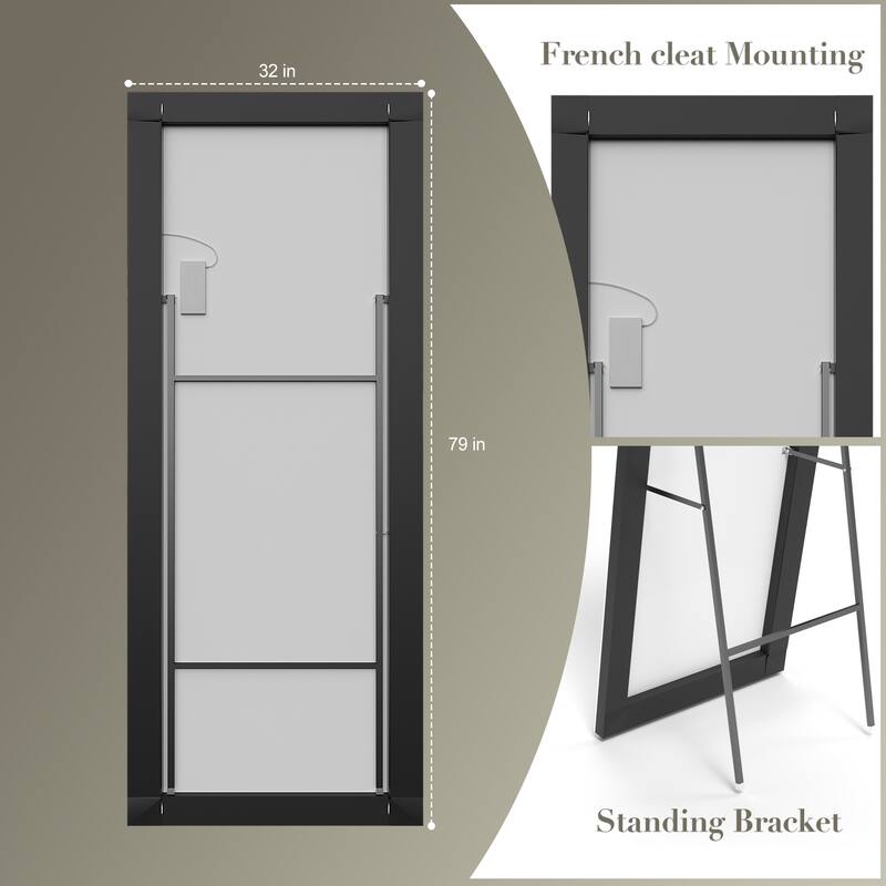 KIOTEE Aluminum Alloy Frame Led Lighted Tempered Glass Full Length Mirror With 3 Color Temperature & Brightness Adjustment