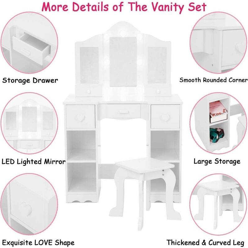 2-in-1 Princess Kids Vanity Dressing Table Set with Tri-Fold Mirror