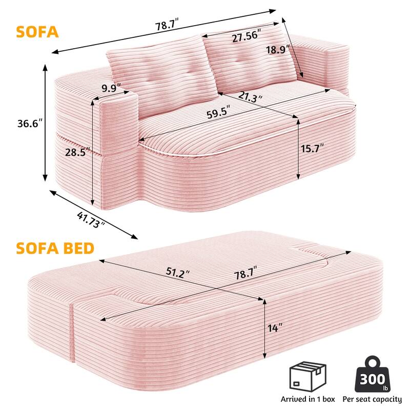 78.7 Inch Convertible Floor Sofa Bed, Plush Corduroy Sleeper Couch with Blanket and 2 Pillows, Deep Seat