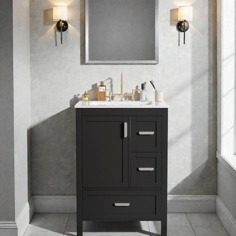 24" Bathroom Vanity with Ceramic Sink, Soft-Close Door, Double-Shelf Storage & 3 Drawers, Solid Wood Frame - Black