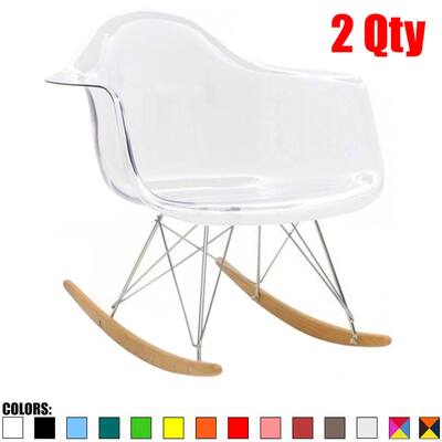 Set of 2Modern Rocking Chairs, Molded Plastic Armchair with Natural Wooden Rockers and Metal Wire Frame, Teal