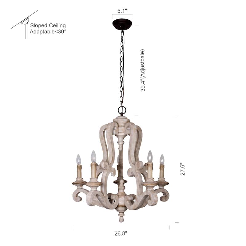 Farmhouse Distressed Antique White 5-Light Wood Chandeliers