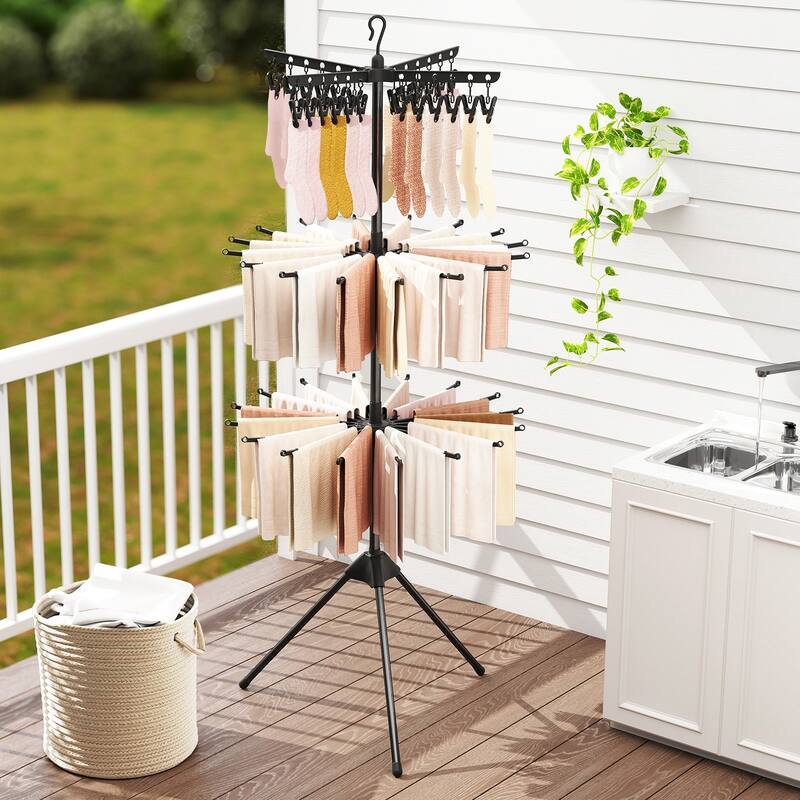 3-Tier Tripod Freestanding Folding Clothes Drying Rack with 24 Clips-Black - Multi