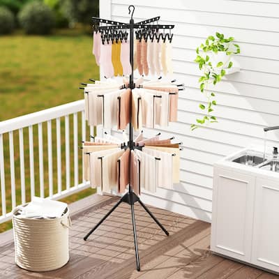 3-Tier Tripod Freestanding Folding Clothes Drying Rack with 24 Clips-Black - Multi