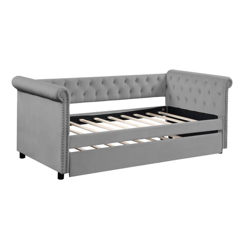 Grey Twin Upholstered Tufted Velvet Daybed with Trundle & Round Armrests