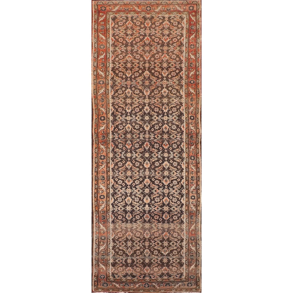 Brown Hamedan Persian Vintage Runner Rug Handmade Wool Carpet - 3'4"x 10'5"