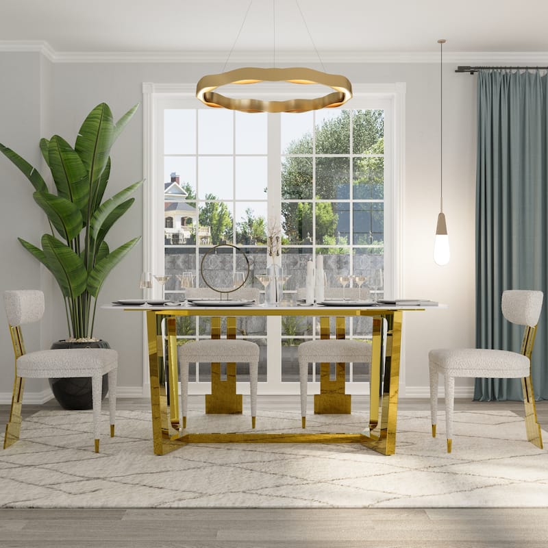 70 inch Dining Table Set with Boucle Dining Chairs - Polished Gold - Table with 4 Chairs