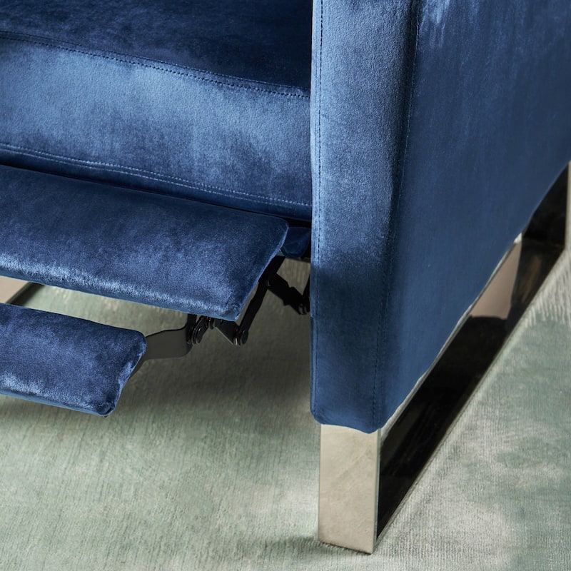 Blue Modern Velvet Push-Back Recliner with Footrest, Stainless Steel Legs