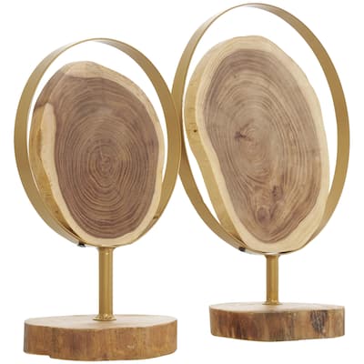 Wood Abstract Handmade Live Edge Slab Decorative Sculpture with Gold Metal Rings - Set of 2 Brown - Roche River Decor
