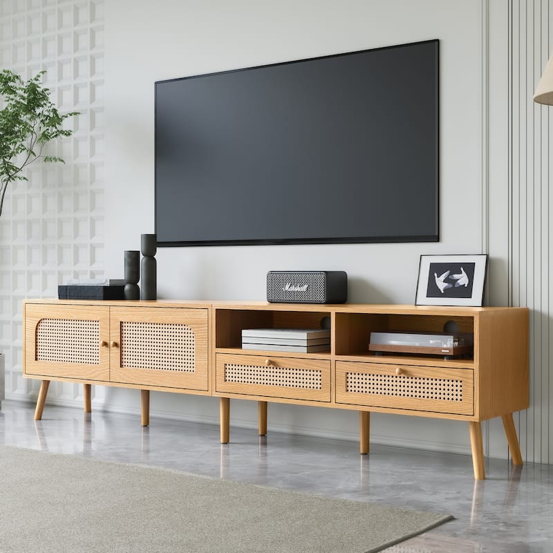 Boho TV Stand for TVs up to 85", Media Console with 2 Rattan Doors & 2 Drawers, Entertainment Cabinet, Natural