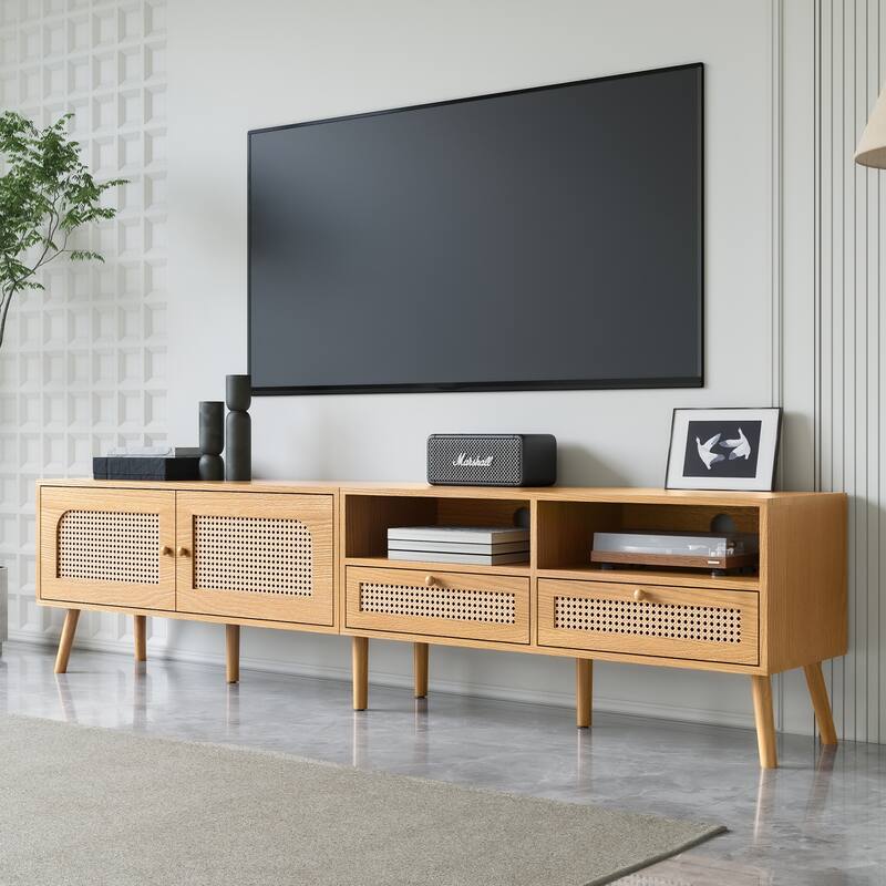 Roomfitters Boho TV Stand for 85" TVs, Farmhouse Media Console with Wood Legs, Entertainment Cabinet for Living Room, Natural
