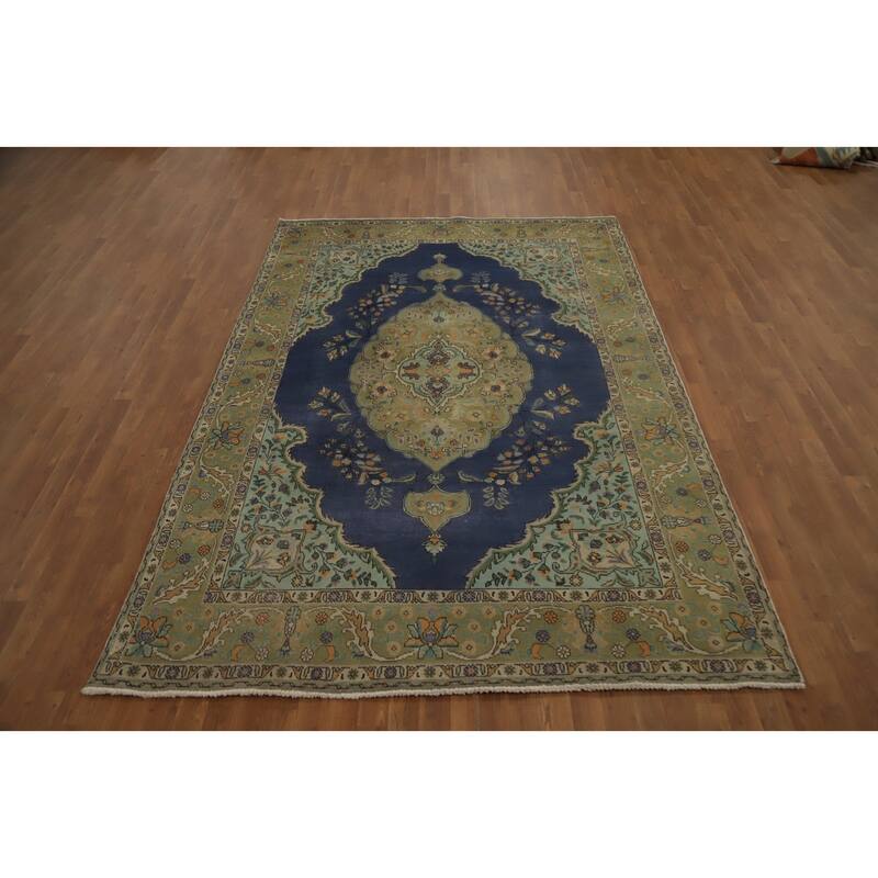 Hand Knotted Oriental 100% Wool Carpet Traditional Medallion Navy Blue & Blues Tabriz Area Rug - 9' 7'' X 6' 6''