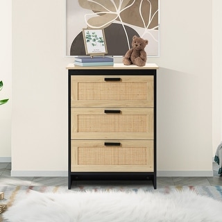 Black and Brown Wood 3-Drawer Rattan Chest
