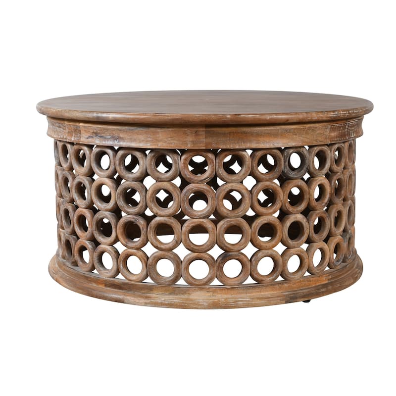 HomeRoots 39" Brown Solid Wood Round Distressed Drum Coffee Table - 39.00 in. x 18.00 in. x 39.00 in.