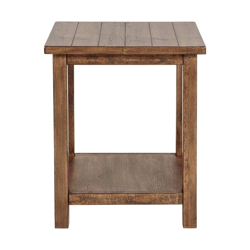 Wooden End Table with Open Bottom Shelf in Distressed Brown