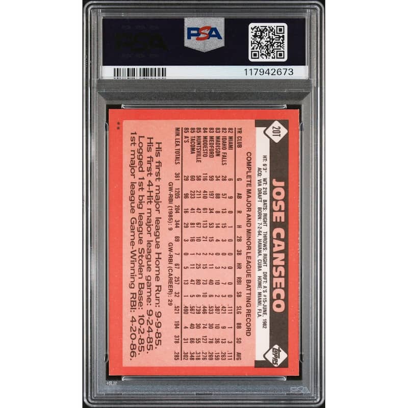 Jose Canseco 1986 Topps Traded Signed Baseball Rookie Card #20T Auto Graded PSA 10 Cert # 117942673 - 8' x 11'