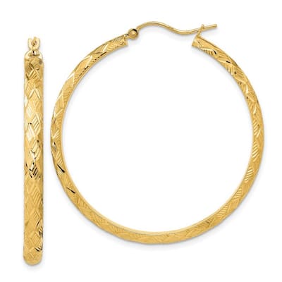 Curata 14k Yellow Gold Textured Patterned 42x3.5mm Hoop Earrings