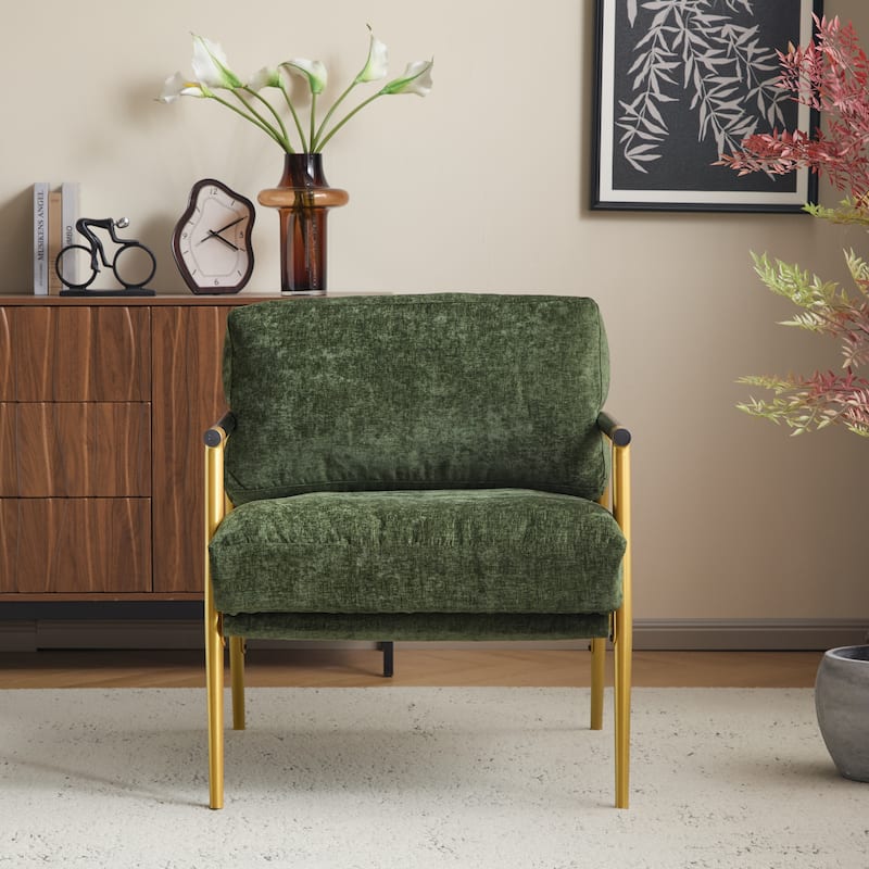 27.56" Modern Accent Chair with Plush Cushions, Metal Frame, and Wooden Armrest Design -for Living Room, Bedroom
