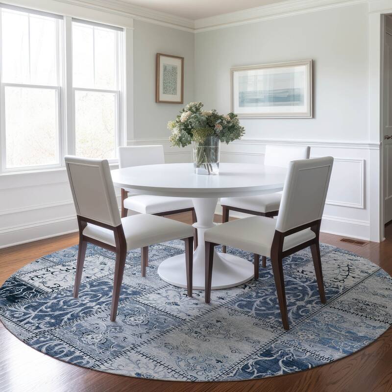 Machine Washable Indoor/ Outdoor Traditional Patchwork Chantille Rug - Denim - 8' x 8'