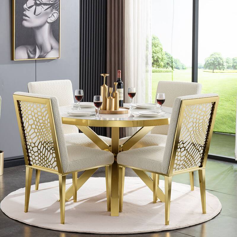 Round Dining Room Table with Silver Stainless Steel Metal Cross Base