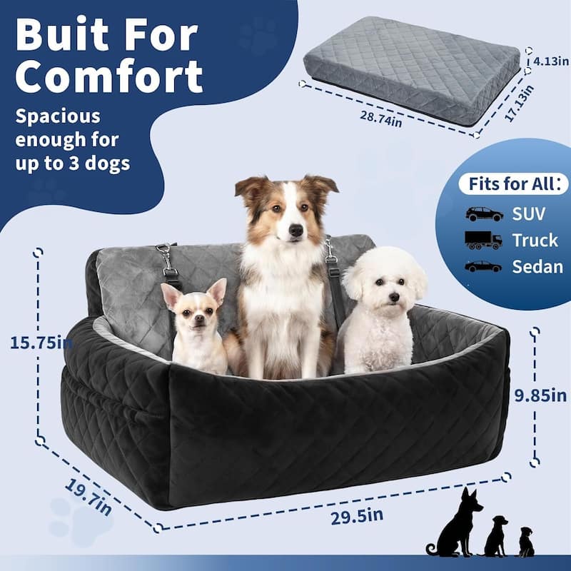 Portable Dog Car Seat Traval Bed for Small, Medium Dog with Thick Cushion, Triple Belts