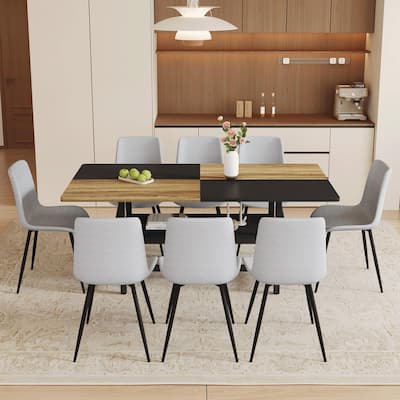 9-Piece Kitchen Dining Table Set with 8 Linen Chairs, 71" Wood Table with Storage Shelf & Metal Frame for Dining Room