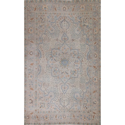 Antique Floral Distressed Tabriz Persian Rug Hand-knotted Wool Carpet - 6'8" x 10'0"