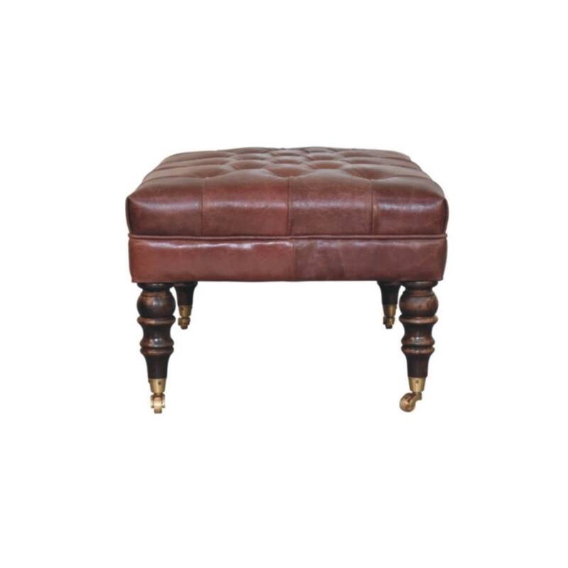 Artisan Furniture Solid Wood Buffalo Brown Leather Ottoman with Castor Legs