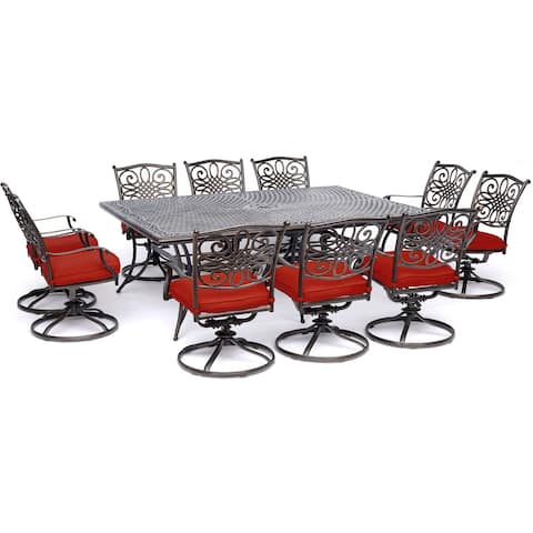 Hanover Traditions 11-Piece Dining Set in Red with Ten Swivel Rockers and an Extra-Long Dining Table