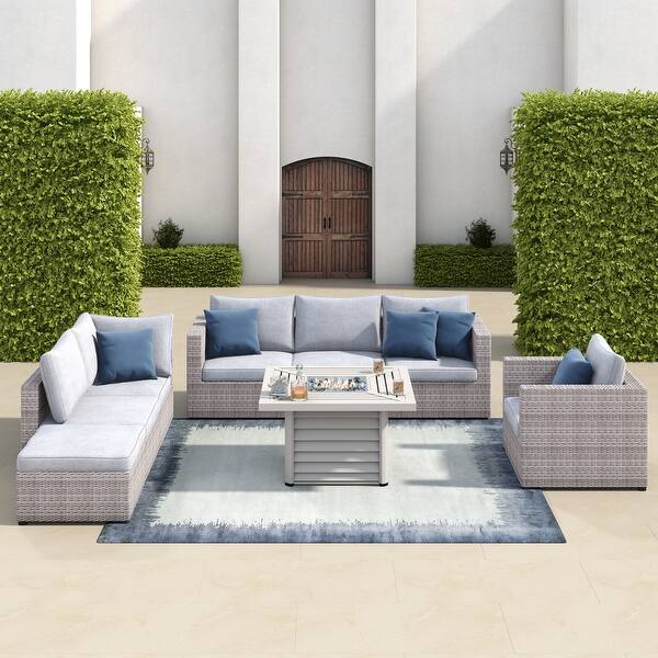 slide 2 of 10, Corvus Sevilla 8-piece Grey Wicker Sofa Fire Pit Set with Blue Pillows