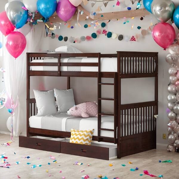 slide 2 of 18, Twin-Over-Twin Classic Wooden Bunk Bed with Storage Espresso