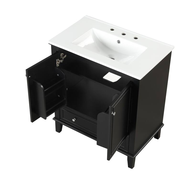 30" Bathroom Vanity with Ceramic Sink, Solid Wood & MDF Base, Adjustable Shelf, Storage Cabinet with Doors