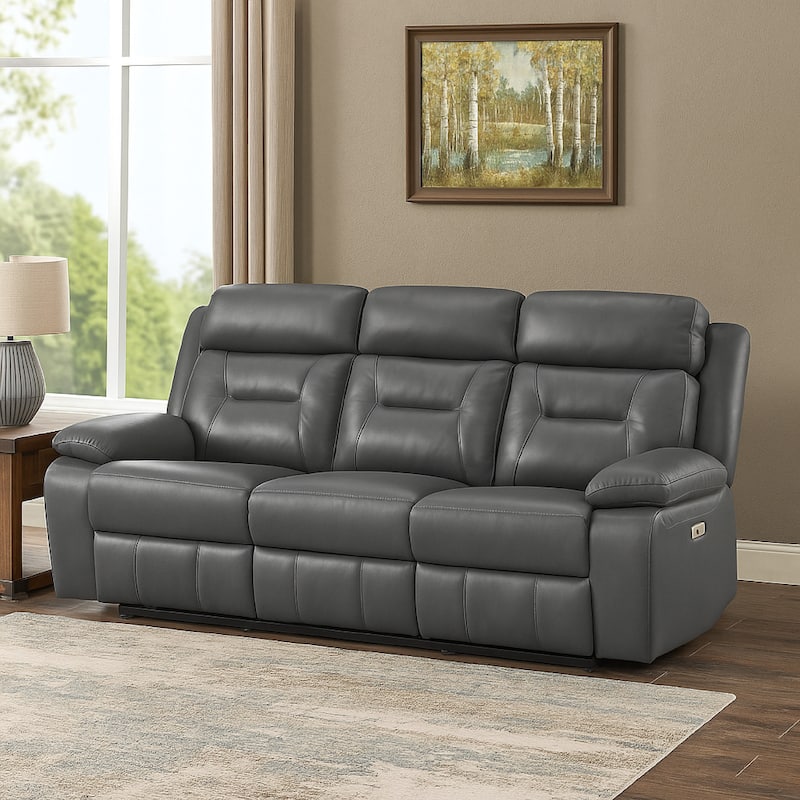 Conia Power Double Recliner Sofa, Dark Gray Leather, USB, 87 Inch