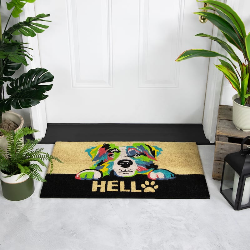Ivory and Black "Hello" Multicolor Dog Outdoor Coir Doormat 18" x 30" - 18