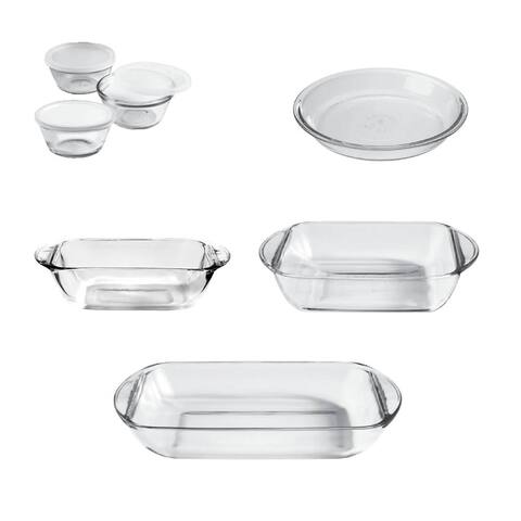10-Piece Glass Bakeware Food Storage Set with 3 Clear Plastic Lids - Cake Pan: 8'' W x 8'' L