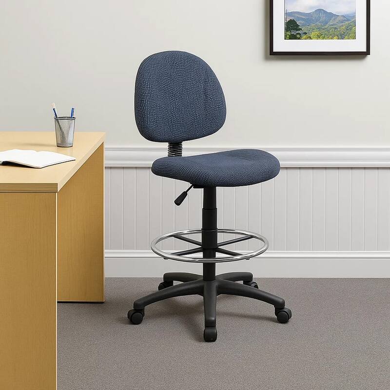 Jea Drafting Stool Chair, Blue Tweed, Contoured Back and Footring