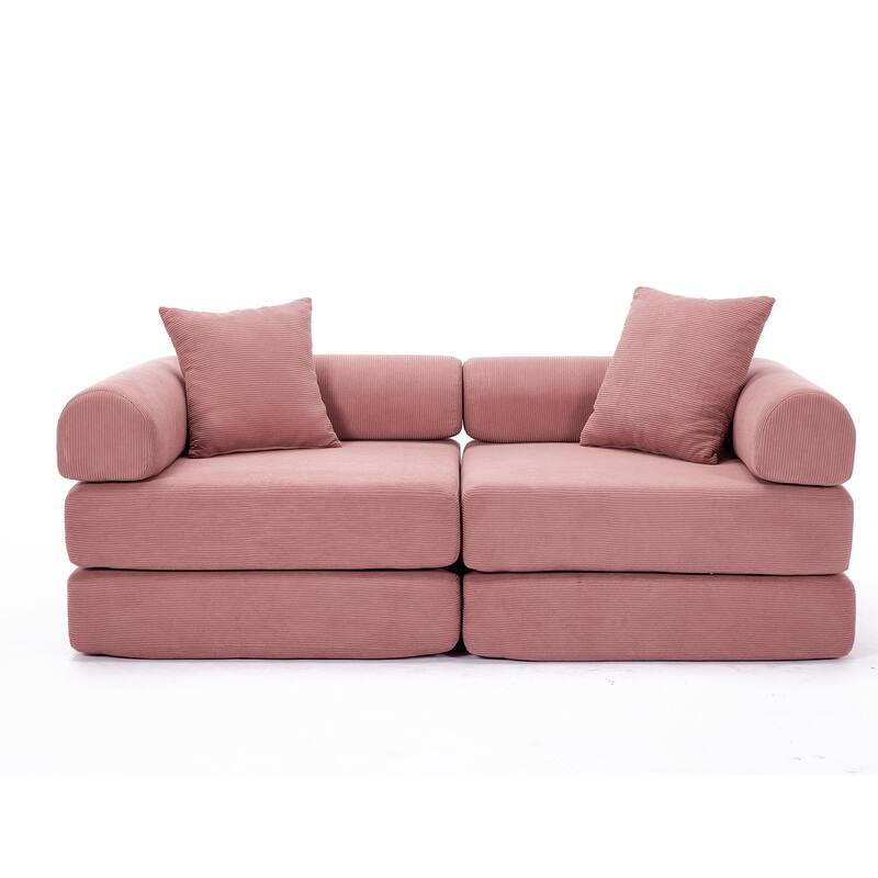 Folding Mattress Lounge Sofa with Corduroy Cushions, Convertible Sofa Bed Sleeper Sofa with Removable Armrests